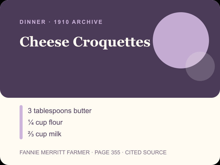 Cheese Croquettes archival citation card