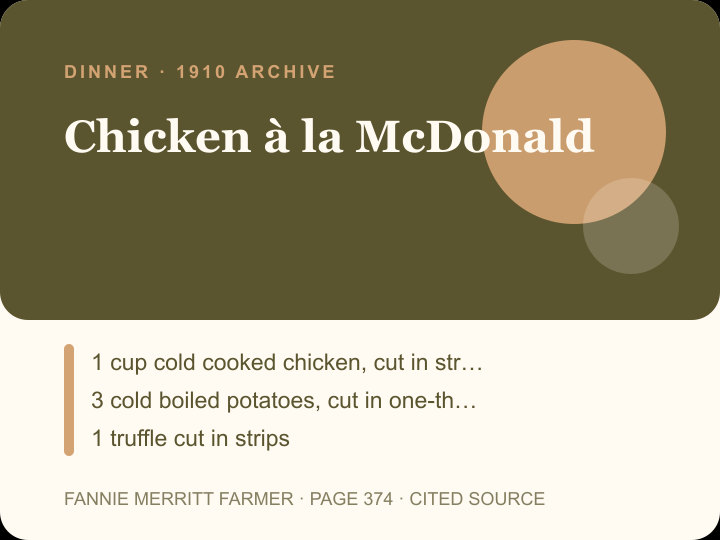 Chicken à la McDonald archival citation card