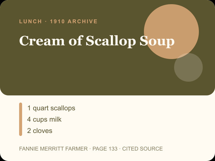 Cream of Scallop Soup archival citation card