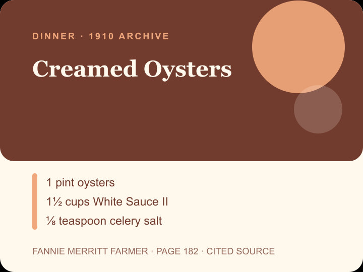 Creamed Oysters archival citation card