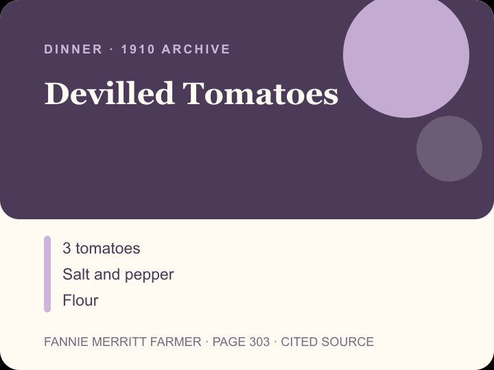 Devilled Tomatoes archival citation card