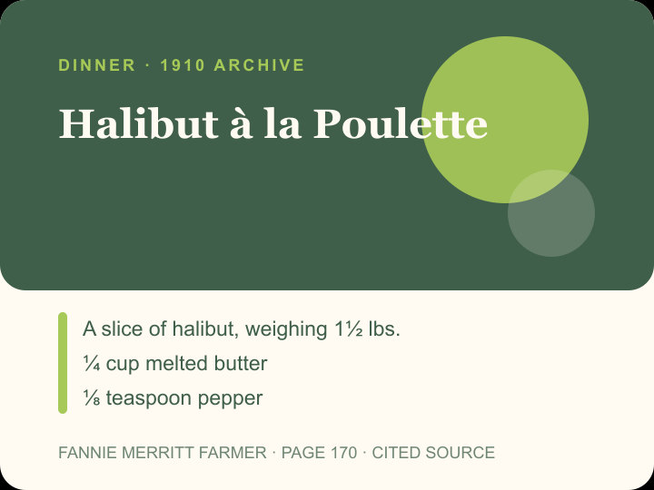 Halibut à la Poulette archival citation card