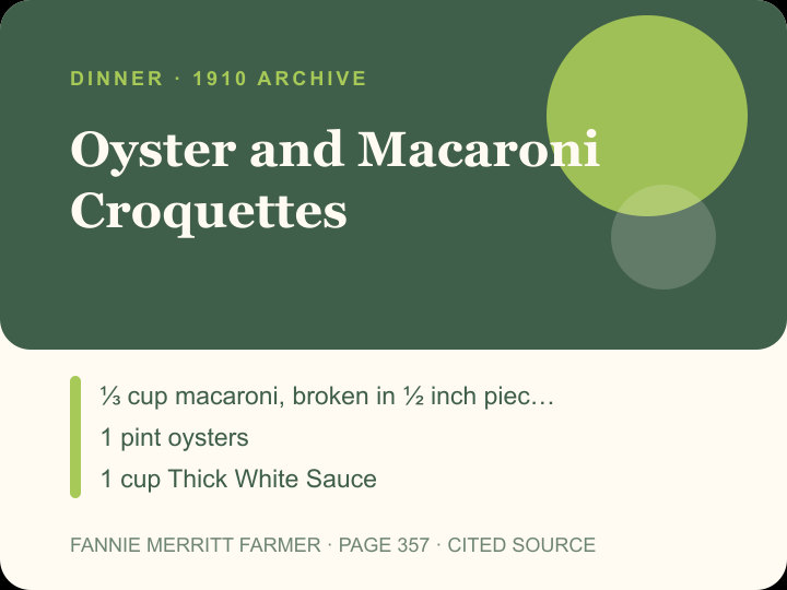 Oyster and Macaroni Croquettes archival citation card
