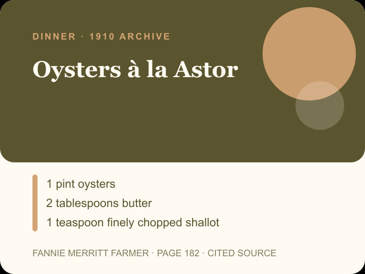 Oysters à la Astor archival citation card