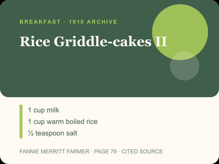 Rice Griddle-cakes II archival citation card