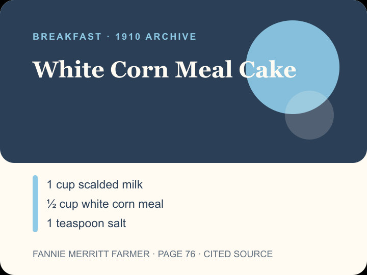 White Corn Meal Cake archival citation card
