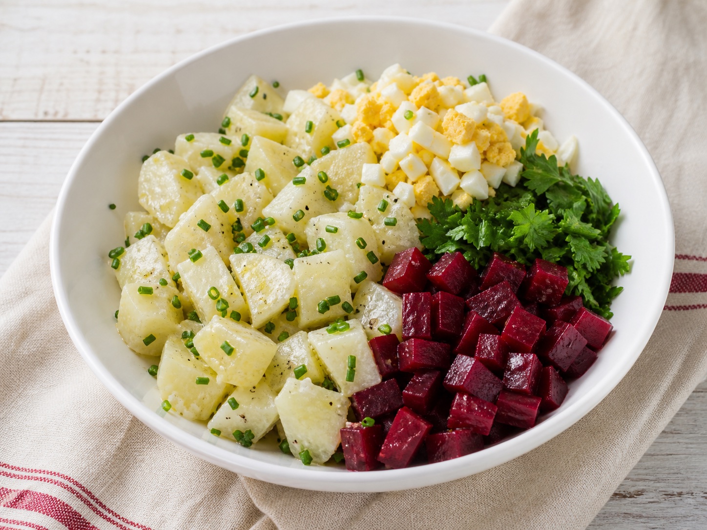 Oil-and-Vinegar Potato Salad with Beets & Egg, an original illustrative image based on the cited recipe