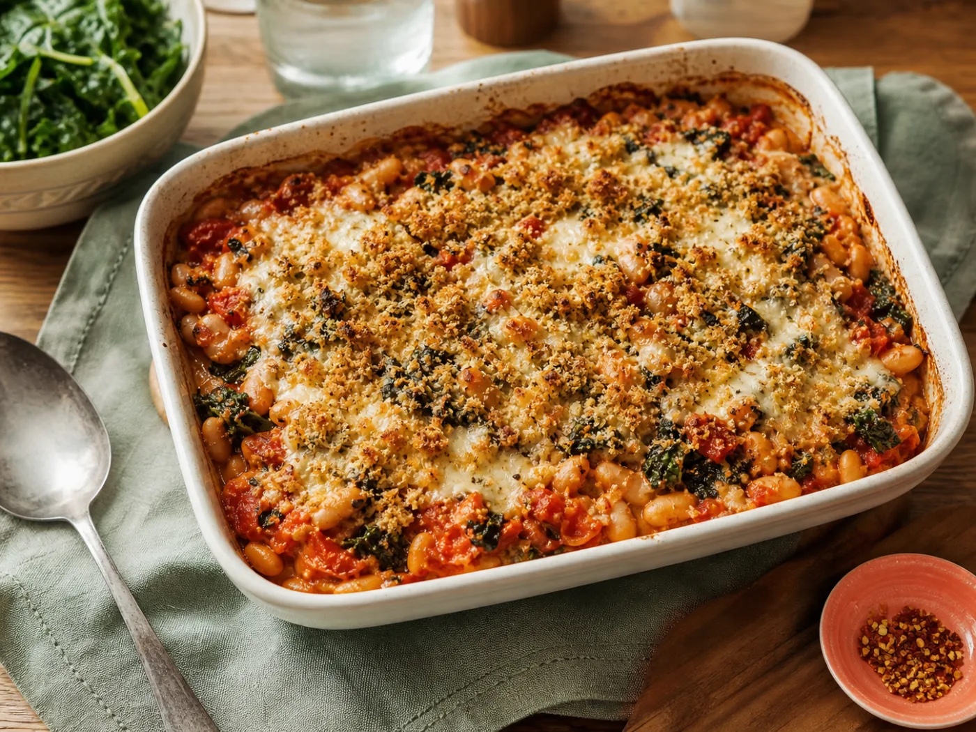 Balsamic Rosemary Make-Ahead White Bean Tomato Bake with Quick-Pickled Onion, an original WorkLife Meal Plan recipe
