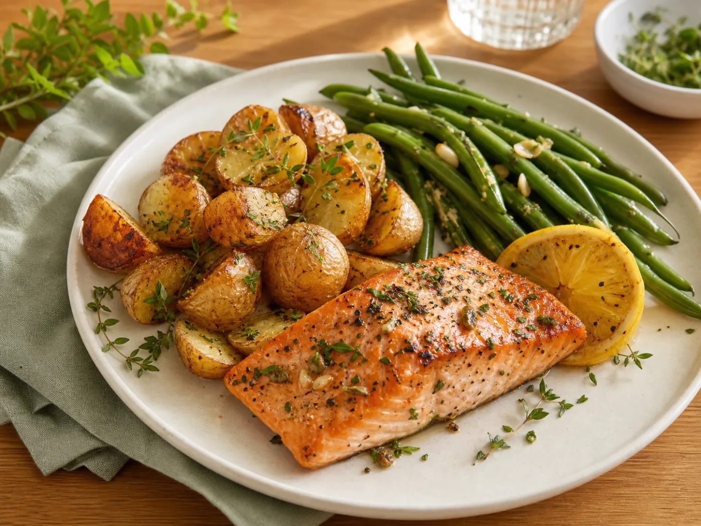 Harissa Honey Pantry-Smart Salmon & Crispy Potatoes with Sesame Greens, an original WorkLife Meal Plan recipe