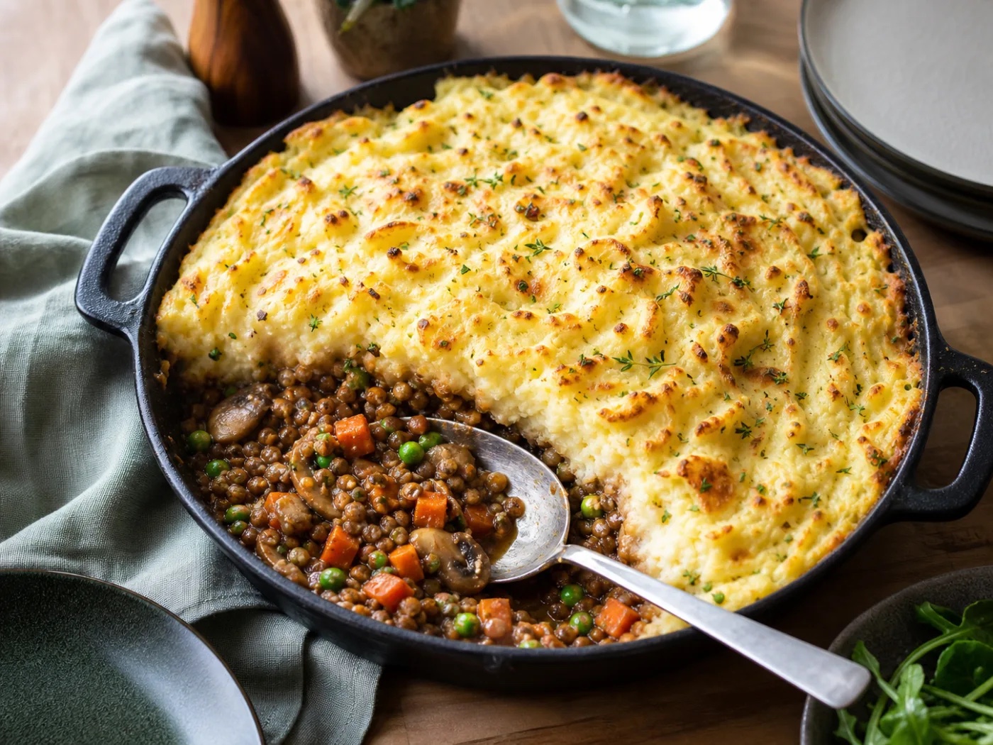 Lemon Herb Weeknight Lentil Shepherd’s Skillet with Toasted Pepitas, an original WorkLife Meal Plan recipe