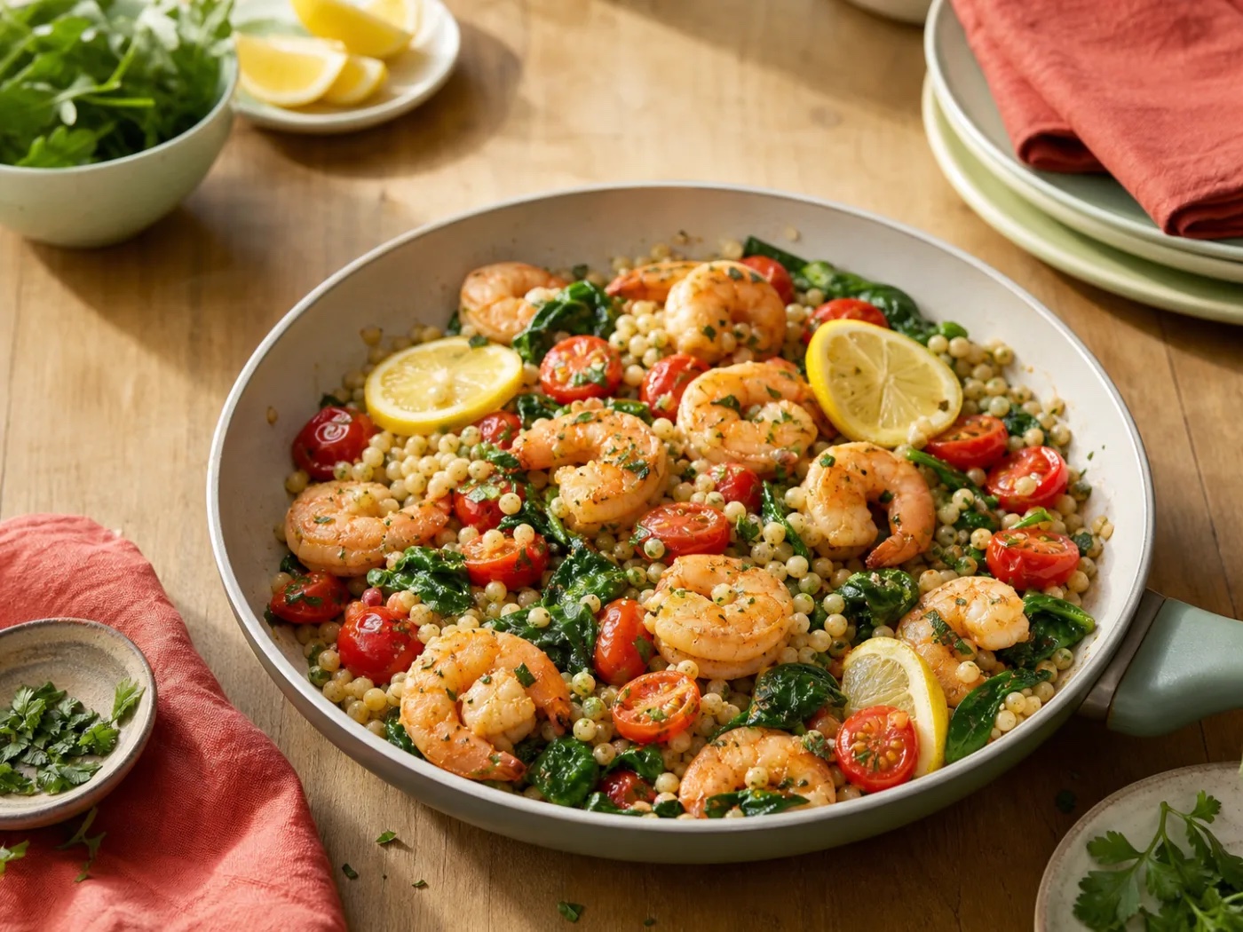 Maple Dijon One-Prep Shrimp Couscous Skillet with Quick-Pickled Onion, an original WorkLife Meal Plan recipe