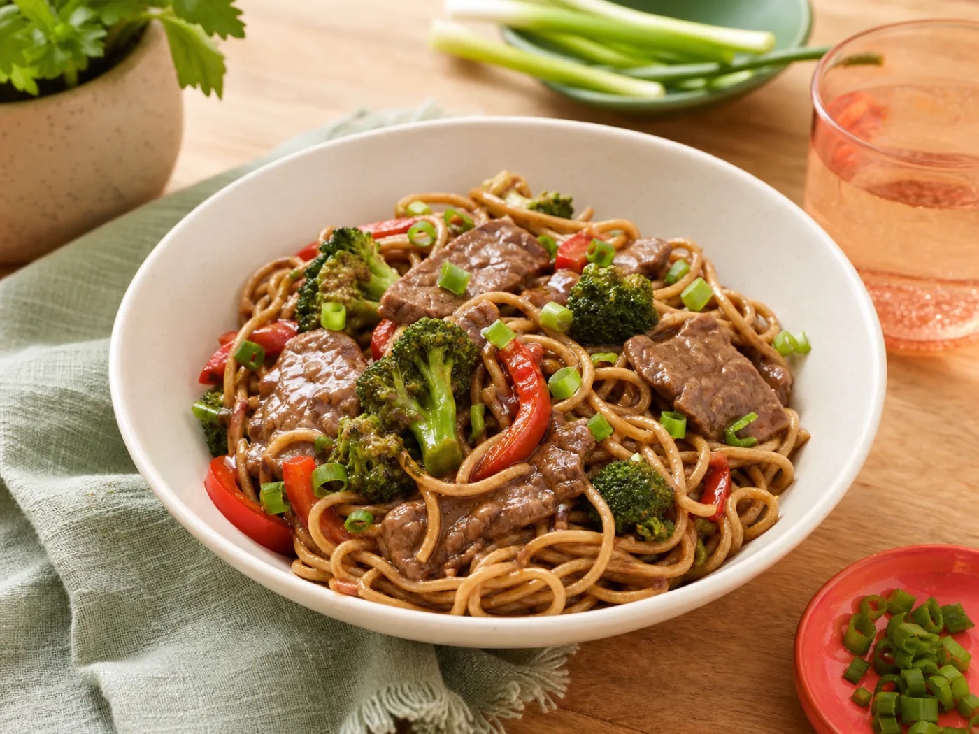 Coconut Lime Fresh Start Beef & Broccoli Noodles with Quick-Pickled Onion, an original WorkLife Meal Plan recipe